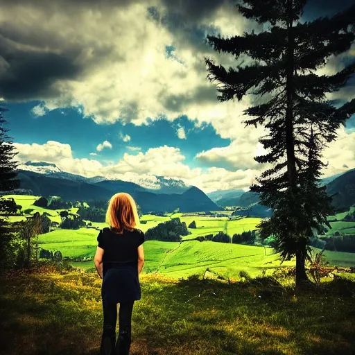 Image similar to a beautiful photograph of a girl with switzerland landscape in the background with trees, hdr, 8 k, high quality, sharp focus, artstation, highly detailed, award - winning, dramatic lighting, beautiful clouds, and nature