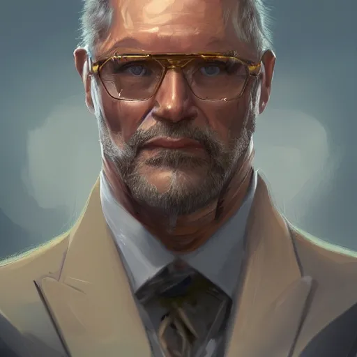 Image similar to a painted portrait of a middle-aged man in a golden suit, D&D, sci-fi, elegant, hopeful, muscular, highly detailed, digital painting, artstation, concept art, smooth, sharp focus, illustration