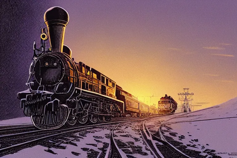 Image similar to trans - siberian express train ultrafine drawing by joe fenton and syd mead and p. craig russell and barry windsor - smith, artstation, 4 k, graphic novel, concept art, matte painting, beautiful russian winter landscape sunset background, golden hour, art nouveau, sharp