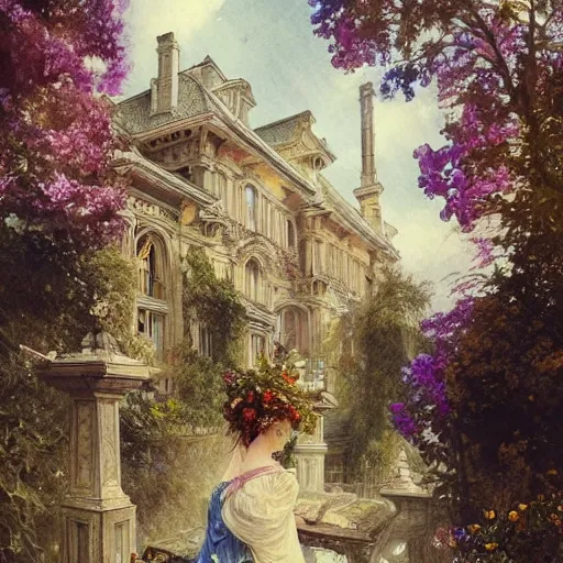Image similar to a beautifull intricate watercolour painting of a mansion with many flowers, reflexions, verry high details by william turner art, greg rutkowski and alphonse mucha, trending on artstation, very very detailed, masterpiece, - h 7 0 4