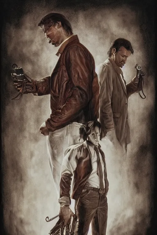 Image similar to a bloody and beaten man in a brown leather jacket and a sophisticated man in a pristine white shirt. in the style of of true detective fanfare. art by tomasz alen kopera and glenn fabry.