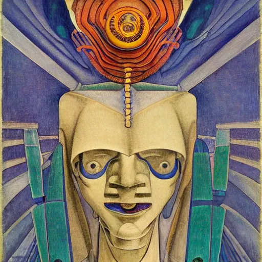 Image similar to portrait of a robot shaman, by annie swynnerton and edward hopper and diego rivera and rufino tamayo and jean delville and evelyn de morgan, art deco shaman, stylized geometric flowers, art brut, outsider art, symbolist, dramatic lighting, god rays, clean crisp graphics, smooth sharp focus, extremely detailed, adolf wolfli