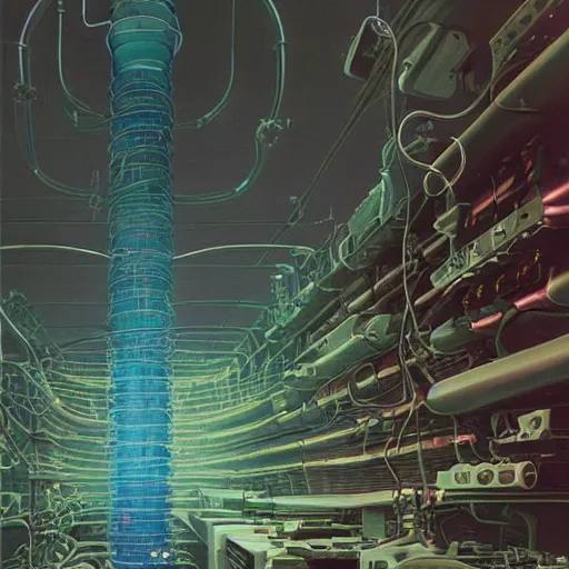 Image similar to an immaculate octane redshift render of the nexus between a vast modern computing center and an alchemist\'s lab with exposed circuit boards, nixie tubes and tesla coils by Zdzisław Beksiński and beeple, beautiful modern colors, ultradetailed, 4k ultra