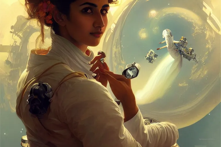 Image similar to Sensual good looking pale young Indian doctors wearing jeans floating in a space station above Earth performing surgery, portrait, elegant, intricate, digital painting, artstation, concept art, smooth, sharp focus, illustration, art by artgerm and greg rutkowski and alphonse mucha