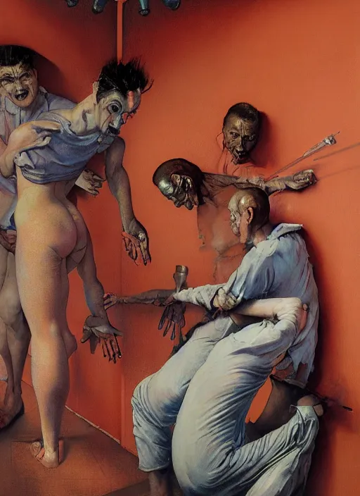 Prompt: realistic detailed image of figures in a prison cell in the style of Francis Bacon, Surreal, Norman Rockwell and James Jean, Greg Hildebrandt, and Mark Brooks, triadic color scheme, By Greg Rutkowski, in the style of Francis Bacon and Syd Mead and Edward Hopper and Norman Rockwell and Beksinski, open ceiling, highly detailed, painted by Francis Bacon, painted by James Gilleard, surrealism, airbrush, Ilya Kuvshinov, WLOP, Stanley Artgerm, very coherent, art by Takato Yamamoto and James Jean