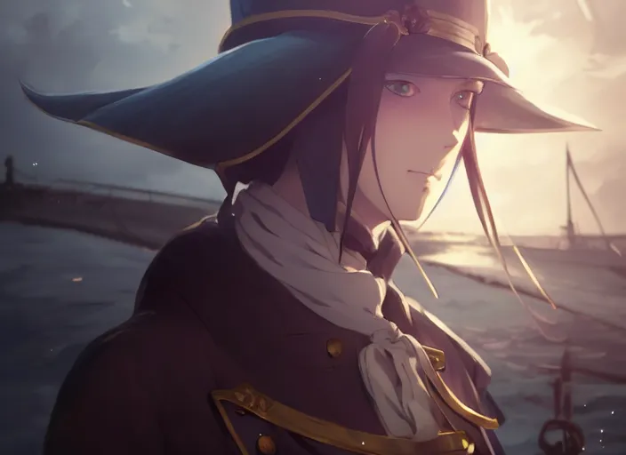 Image similar to portrait of lady maria, helm of second world war warship in background, illustration concept art anime key visual trending pixiv fanbox by wlop and greg rutkowski and makoto shinkai and studio ghibli and kyoto animation, symmetrical facial features, astral witch clothes, ww 2, golden details, gapmoe yandere grimdark, volumetric lighting, backlit