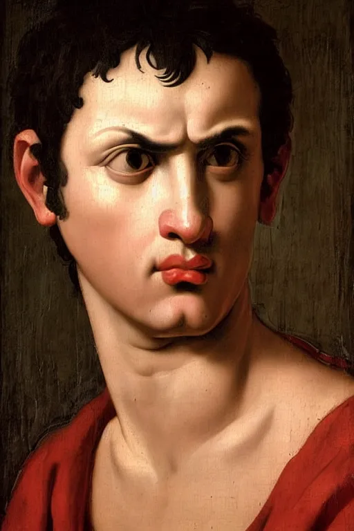 Image similar to renaissance painting of man, short black hair, pleading face, tears dripping from the eyes, emotions closeup, dressed in roman armour, ultra detailed, art by Guido Reni style, Vincenzo Catena style