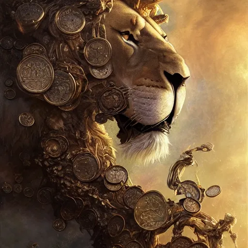 Image similar to a beautiful detailed 3 d matte of a alchemist lion, by ellen jewett, by tomasz alen kopera, ominous, magical realism, texture, intricate, skull, skeleton, gold coins, money, whirling smoke, alchemist bottles, radiant colors, fantasy, volumetric lighting, high details