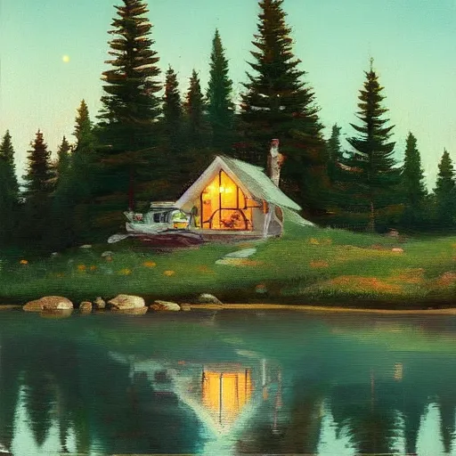 Prompt: small robot cottage at the edge of a lake in the mountains, painting by frank moth, soft glowing windows, early evening, reflections, pine trees, detailed, outlined