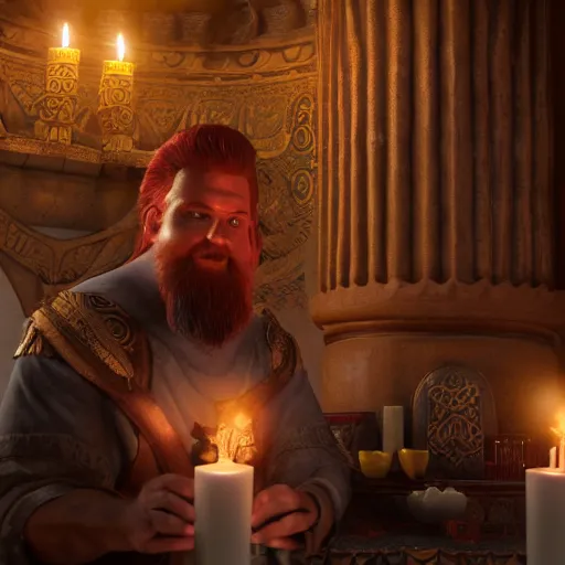 Image similar to fit, red - haired, bearded male in a grey tunic playing a lyre, inside of a candle lit temple, norse god odin, smiling, beside him, bright atmosphere, hyper realistic, photo realistic, movie still, unreal engine, high octane render, 8 k