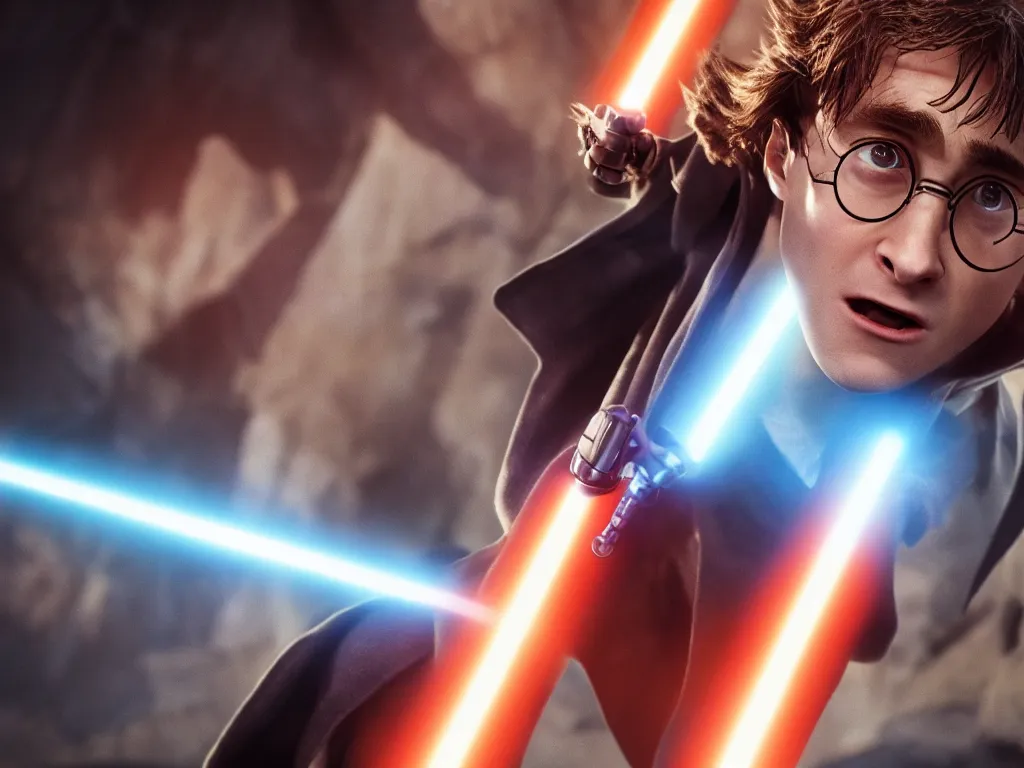 Prompt: harry potter as a jedi wielding a lightsaber, octane render, cinematic, 8 k