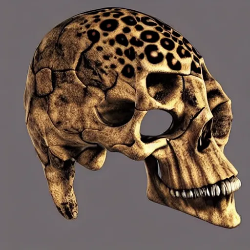 Prompt: Skull that look too much like skull!, I have likened evolution to a search through a very large space of possible organism characteristics!!, an 8k CG character rendering of a spider-like hunting female on its back, fangs extended, wearing a leopard-patterned dress, set against a white background, with textured hair and skin.