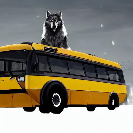 Image similar to Transformer hybrid of bus and wolf, having cabin if form of wolf head with big yellow eyes looking at us and long body of bus with wheels and windows, mechanical form of life, oil on canvas, fantasy, magic, illusion, digital painting, concept art, smooth, sharp focus, illustration, artstation trending, octane render, unreal engine, Ghibli, anime style, cyberpunk