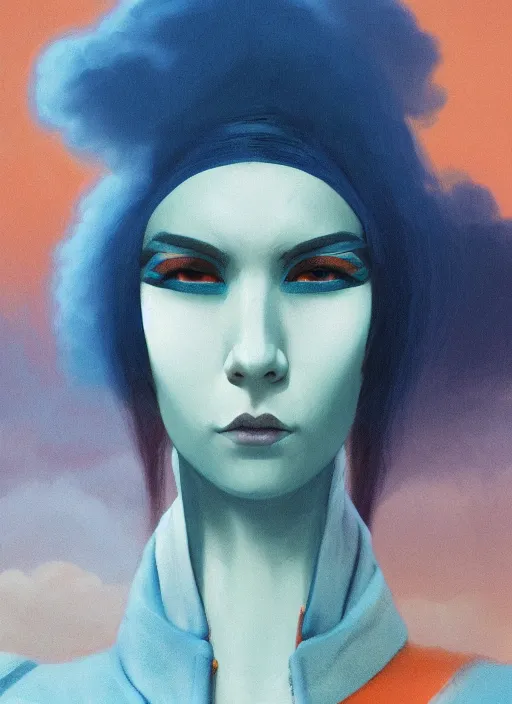 Prompt: symmetry!!! closeup portrait! of a samurai racer girl, fashion white jumpsuit, shoulder pads, in clouds, cinematic light, windy, teal orange, volumetric smoke, by gerald brom, by mikhail vrubel, by peter elson, muted colors, extreme detail, trending on artstation, 8 k