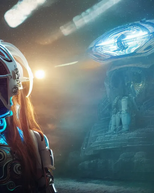 Image similar to centered medium shot fine studio photograph of a young woman wearing only a white solarpunk mecha Mayan helmet with bright lights, ultra-realistic, white background, 8k HDR sunset lit, intricate