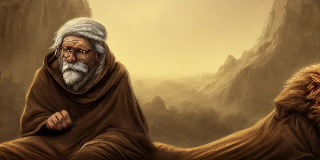 Image similar to hooded wise old man ( long white beard wearing a brown hooded tunic ) sitting on a lions back, majestic, epic digital art, cinematic, trending on artstation, superb detail 8 k, wide - angle, masterpiece