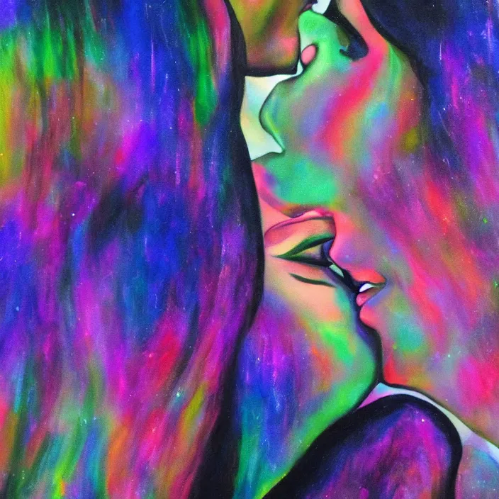 Prompt: close portrait of woman and man kissing. aurora borealis. iridescent, vivid psychedelic colors. painting by leon spillaert