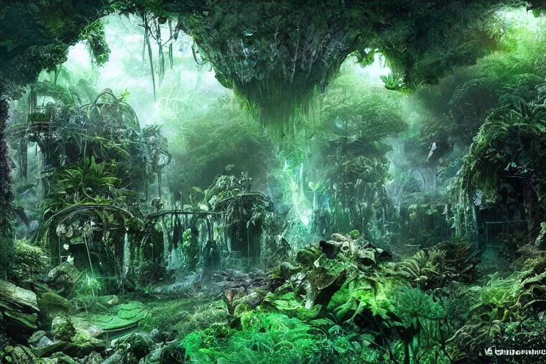 Image similar to high - tech atlantean scifi ruins in the jungle covered in moss, hologram projections, forest spirits dancing, fantasy concept art