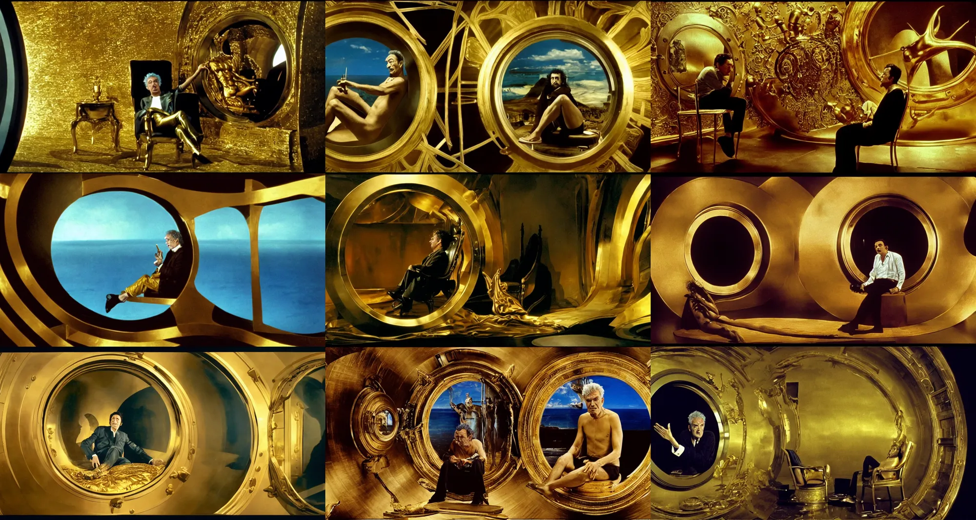 Prompt: salvador dali sits on gold chair in front of huge central porthole | still frame from the movie by ridley scott with cinematogrophy of christopher doyle and art direction by hans giger, anamorphic lens, 8 k