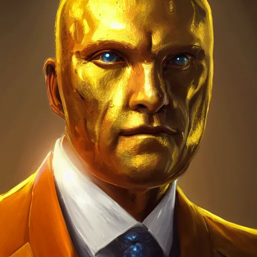 Image similar to a painted portrait of a middle-aged man in a golden suit, D&D, sci-fi, elegant, hopeful, muscular, highly detailed, digital painting, artstation, concept art, smooth, sharp focus, illustration