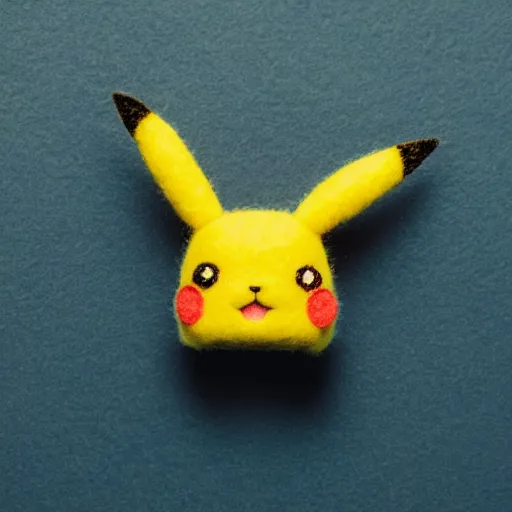 Prompt: a cute pikachu made out of felt sitting on a dresser in a bedroom macro photography