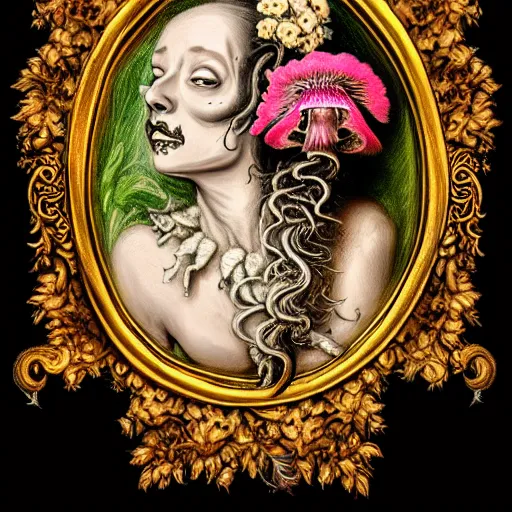 Image similar to a beautiful detailed front view rococo portrait of a rotten woman corpse becoming almost a skull with fractal plants and fractal flowers and mushrooms growing around, intricate, ornate, volumetric light, beautiful lit, polaroid photography, the northman