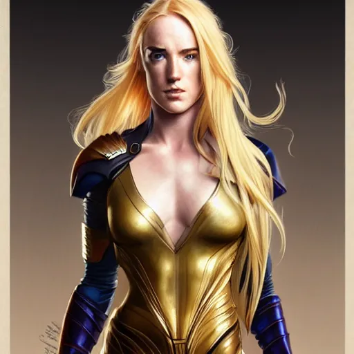 Prompt: Caity Lotz with blonde hair as Power Girl, western, D&D, fantasy, intricate, elegant, highly detailed, digital painting, artstation, concept art, matte, sharp focus, illustration, art by Artgerm and Greg Rutkowski and Alphonse Mucha