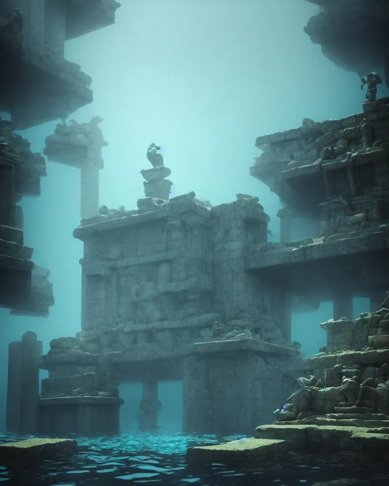 Prompt: full color, low wide shot of submerged pre - incan temple, underwater, statues, anime style mixed with fujifilm, dark, foggy, atmospheric, artstation, cgsociety, octane render, cgi, unreal engine 5, denoise, detailed, cinematic masterpiece