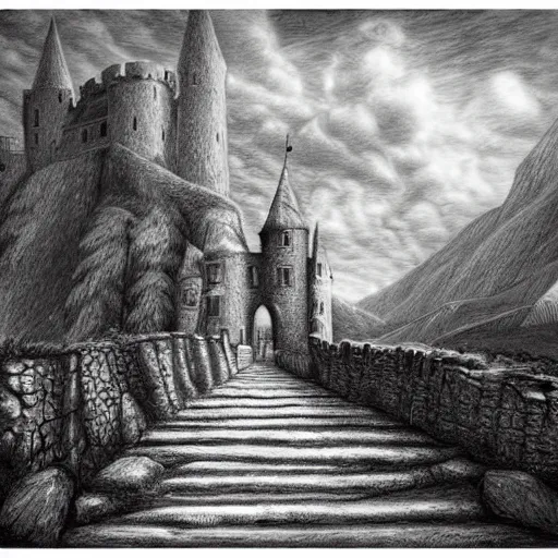 Prompt: pencil art, highly detailed, picture of hero walking on a path of a castle on a mountain