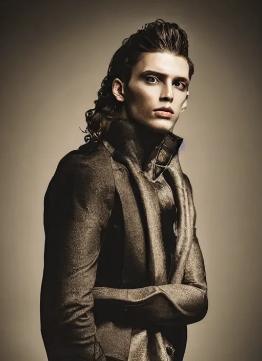 Image similar to a male model in designer clothes ; long curly hair ; pretty face ; high fashion ; editorial look ; unreal engine