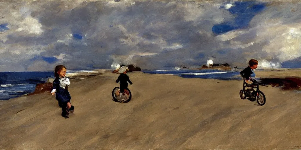 Prompt: A little girl pushing her bike along the coast, watching a rocket launch in the distance as it lifts off through the clouds, by John Singer Sargent