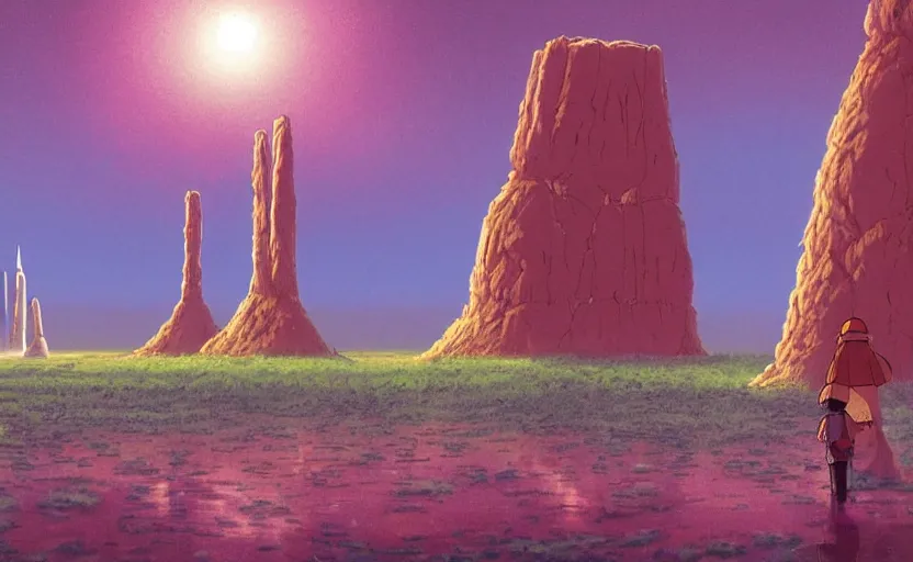 Image similar to a realistic cell - shaded studio ghibli concept art from paprika ( 2 0 0 6 ) of a cubic multi - colored rocketship from close encounters of the third kind ( 1 9 7 7 ) in a flooded monument valley stonehenge jungle jungle on a misty starry night. a camel caravan is in the foreground. very dull colors, portal, hd, 4 k, hq