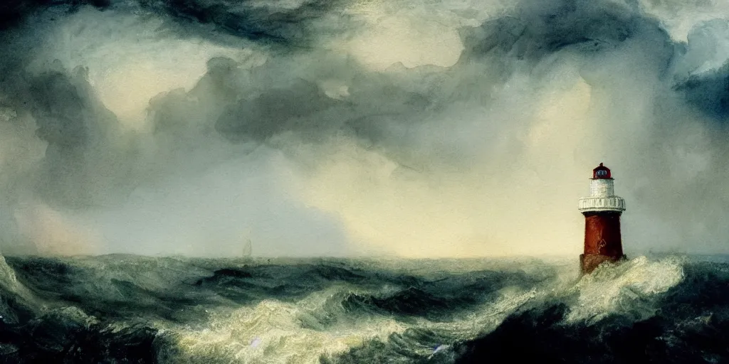 Image similar to a watercolor painting of a single lighthouse in a small rocky island during a violent storm by william turner, high quality, highly detailed, digital painting, masterpiece, turbulent sea, dramatic lighting, cinematic, centered, watercolor, william turner style, 4 k