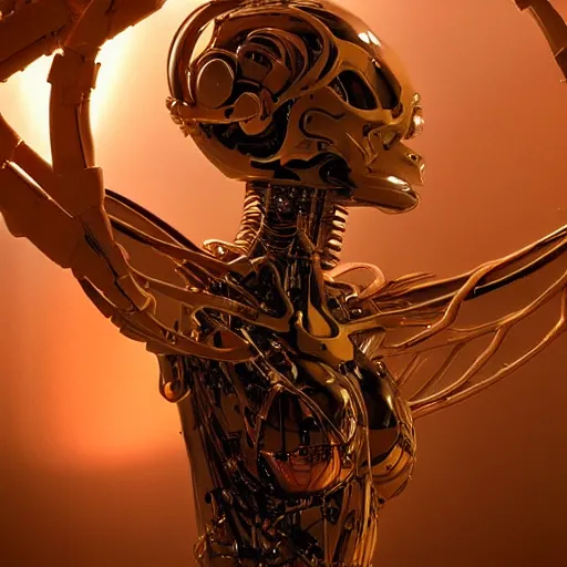 Image similar to a cybernetic symbiosis, cybernetic mech cyberpunk woman, organic ceramic fractal forms, golden hour lighting, film still from the movie directed by denis villeneuve with art direction by wayne barlowe and salvador dali, wide lens