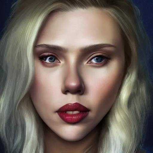 Prompt: Scarlett Johansson and Elizabeth Olsen crossbreed, illustrated and rendered by Xie Boli, trending on artstation, 4k, 8k, photorealistic imagery, photorealistic details, intricate, highly detailed