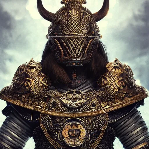 Image similar to portrait art of 8k viking with incredible armor, detailed intricate ornate magical armor made of obsidian and gold, organic, full of colour, cinematic lighting, battered, trending on artstation, 4k, hyperrealistic, focused, extreme details, unreal engine 5, cinematic, masterpiece, art by ayami kojima