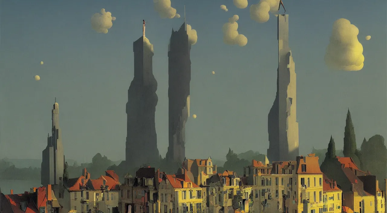 Image similar to single flooded simple falling! leaning tower, very coherent and colorful high contrast!! masterpiece by rene magritte simon stalenhag carl spitzweg syd mead norman rockwell edward hopper james gilleard, minimalist, dark shadows, sunny day, hard lighting