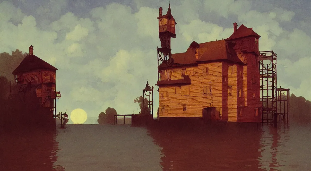 Image similar to single flooded simple victorian wooden tower, very coherent and colorful high contrast!! masterpiece by rene magritte simon stalenhag carl spitzweg syd mead norman rockwell edward hopper james gilleard, minimalist, dark shadows, sunny day, hard lighting