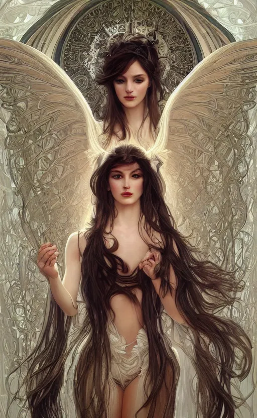 Image similar to a photograpic portrait of a pretty woman, angel, fantasy, intricate, elegant, highly detailed, digital painting, artstation, centered, concept art, smooth, sharp focus, illustration, art by artgerm and h r giger and alphonse mucha