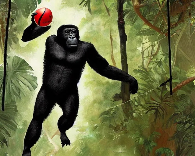 Prompt: a gorilla holding a volleyball and playing volleyball in a jungle, volleyball net, in the style of greg rutkowski, high detail