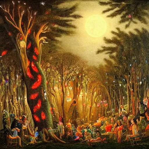 Prompt: a night carnival around a magical tree cavity, with a surreal orange moonlight and fireworks in the background, next to a lake with iridiscent water, christmas lights, folklore animals and people disguised as fantastic creatures sitting on sofas and couch in a magical forest by summer night, masterpiece painted by jean - baptiste perronneau, dark night environment