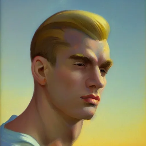 Prompt: a close up realistic portrait of a blonde man with a chiseled jawline, vibrant, edward hopper, trending on artstation
