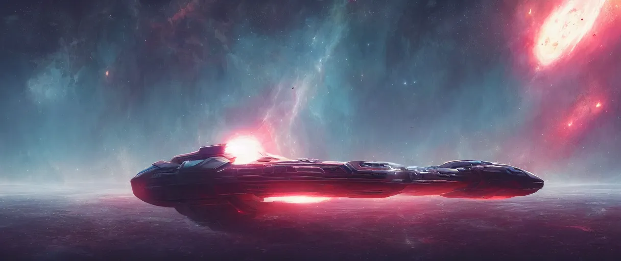 Image similar to concept art, exploration spaceship drifting in space, the expanse tv series, industrial design, immensity, alone in a nebula, space debris, cinematic lighting, low contrast, low saturation, 4k, anthem game inspiration, widescreen ratio, wide angle, beksinski, simon stalenhag, sharp edges, mechanical design, film grain