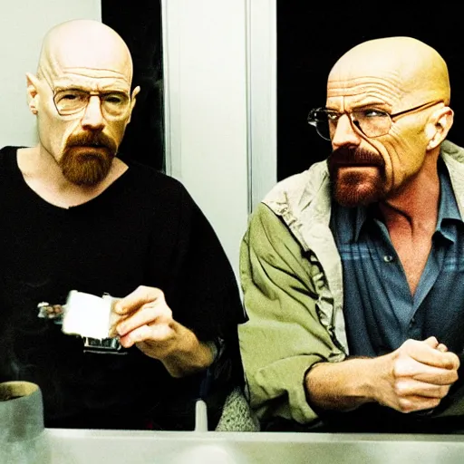 Prompt: Walter White and Jesse from Breaking Bad smoking a joint