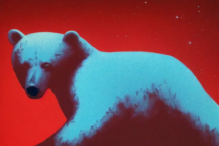 Image similar to polar bear blessed by the amoeba, painted by russ nicholson and chesley bonestell, trending on artstation, dramatic red or cyan lighting tilt - shift multiple exposure, doge, colored pencil art, macro, monumentalism