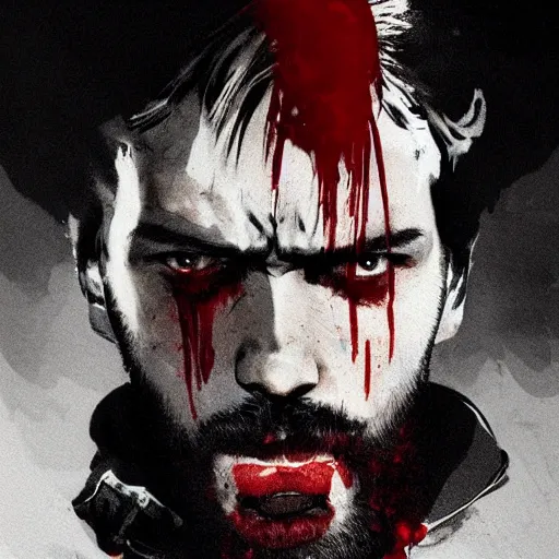 Image similar to portrait of pewdiepie with an angry expression, blood covering his face, wearing a leather jacket, dramatic lighting, illustration by Greg rutkowski, yoji shinkawa, 4k, digital art, concept art, trending on artstation