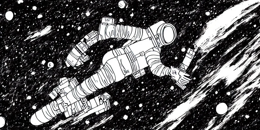 Image similar to ink lineart drawing of a lone female astronaut floating in space, wide angle, space background, artstation, etchings by goya, chinese brush pen, illustration, high contrast, deep black tones contour