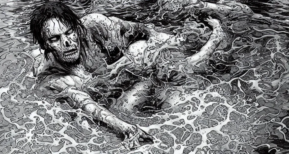 Image similar to highly detailed full body portrait of a zombie swimming underwater in a zombie - apocalypse, in a swimming pool, style tony moore walking dead