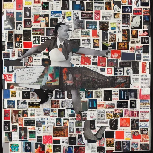 Image similar to collage made of magazine cutouts, one large central picture, dramatic typography, museum of modern art, museum of contemporary art, auction, record - setting, detailed, photorealistic