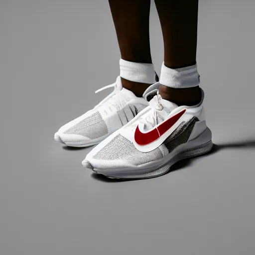 Prompt: a studio photoshoot of A Nike running sneaker designed by Virgil Abloh, mesh fabrics, Off-White, realistic, color film photography by Tlyer Mitchell, 35 mm, graflex